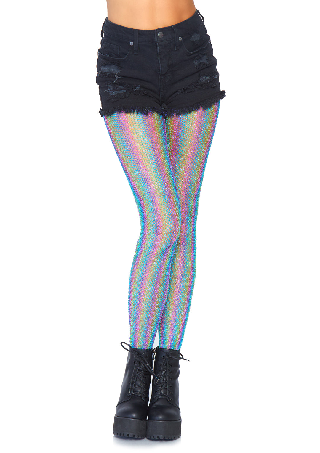 Colored Lurex Shimmer Rainbow Striped Fishnet Tights