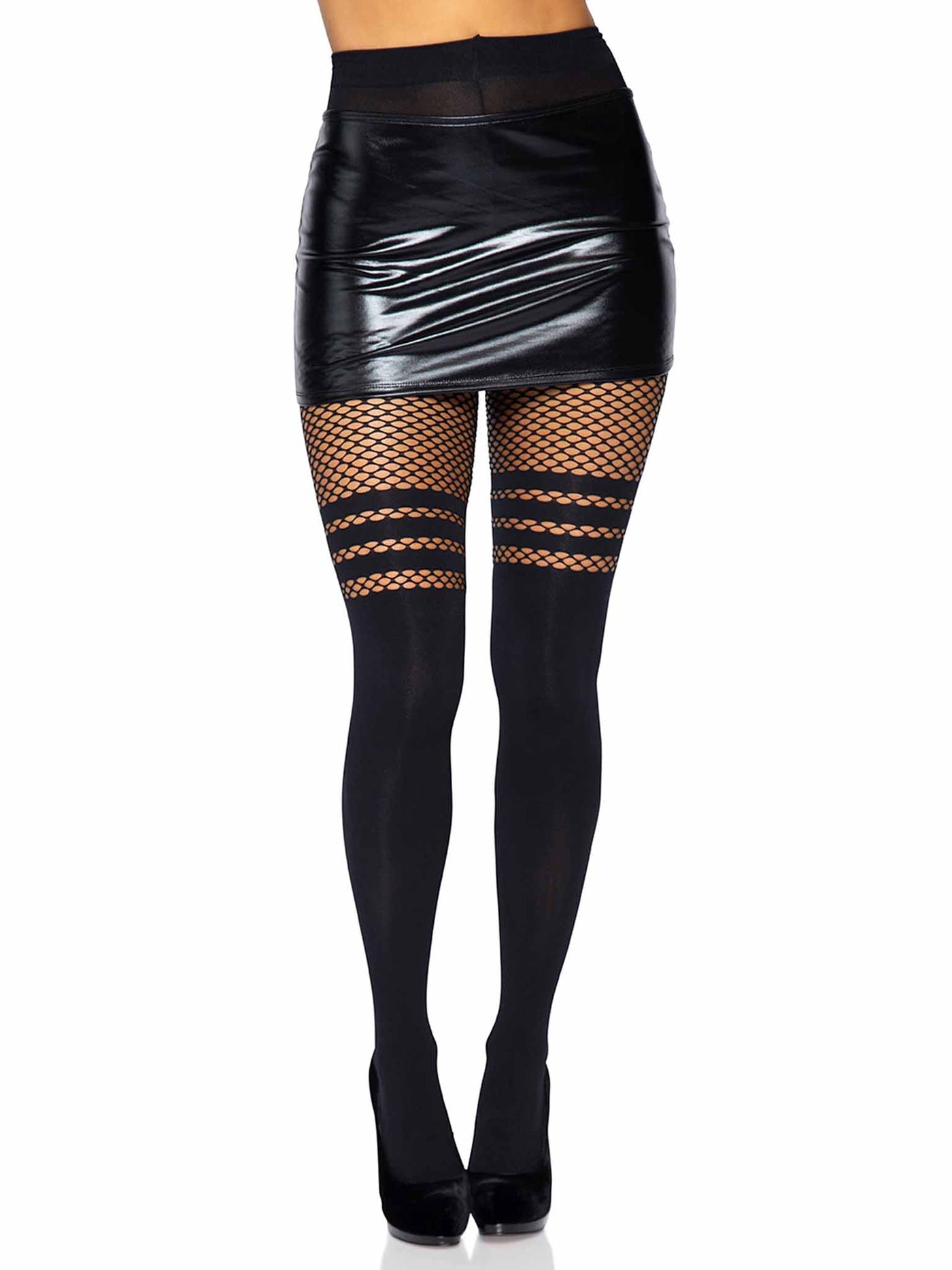 Seamless Opaque Faux Thigh High Pantyhose W Striped Fishnet Thigh