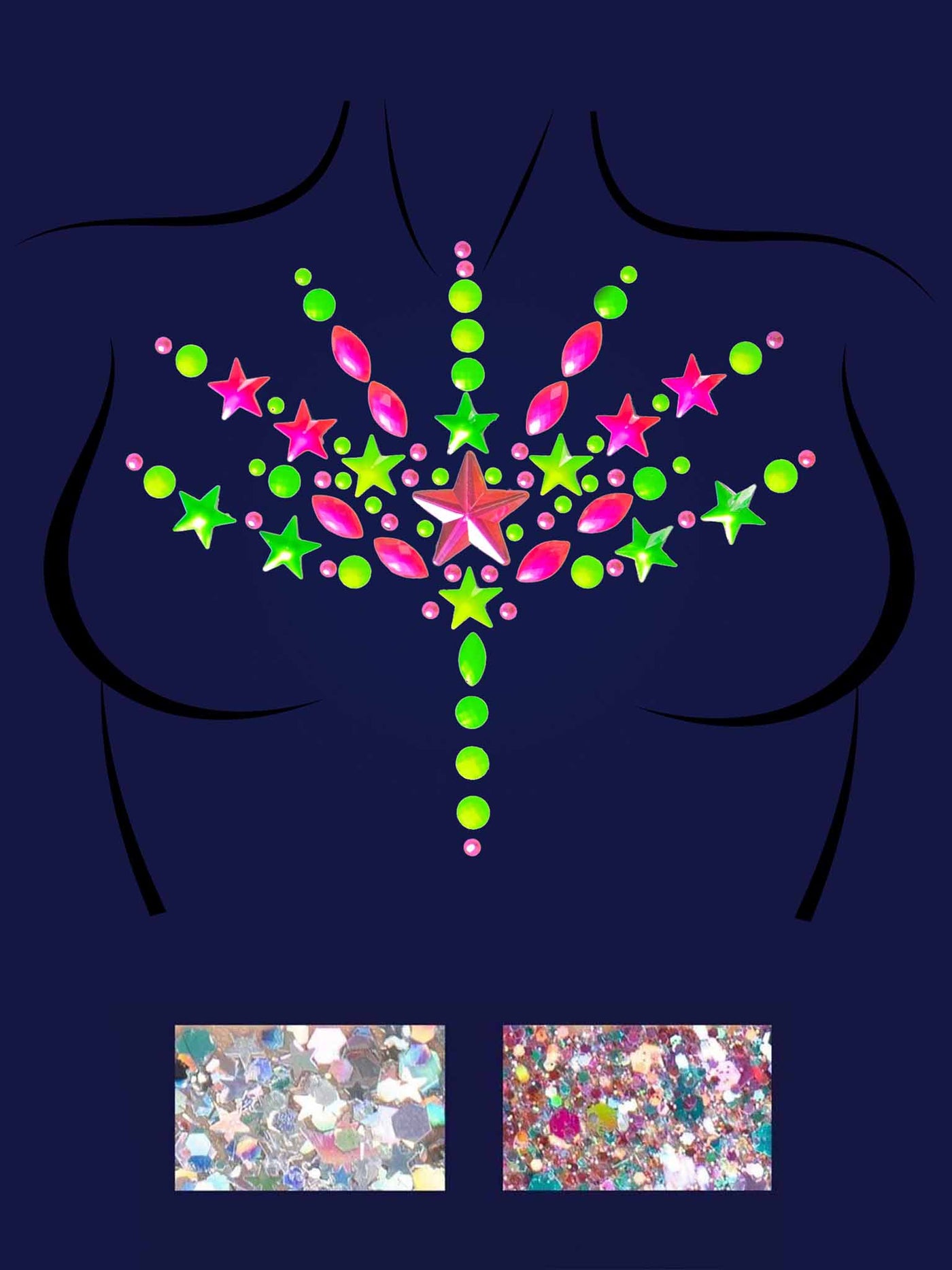 Bliss Neon Adhesive Black Light Body Jewel Sticker And 2 Of 3g Body Glitter Packets