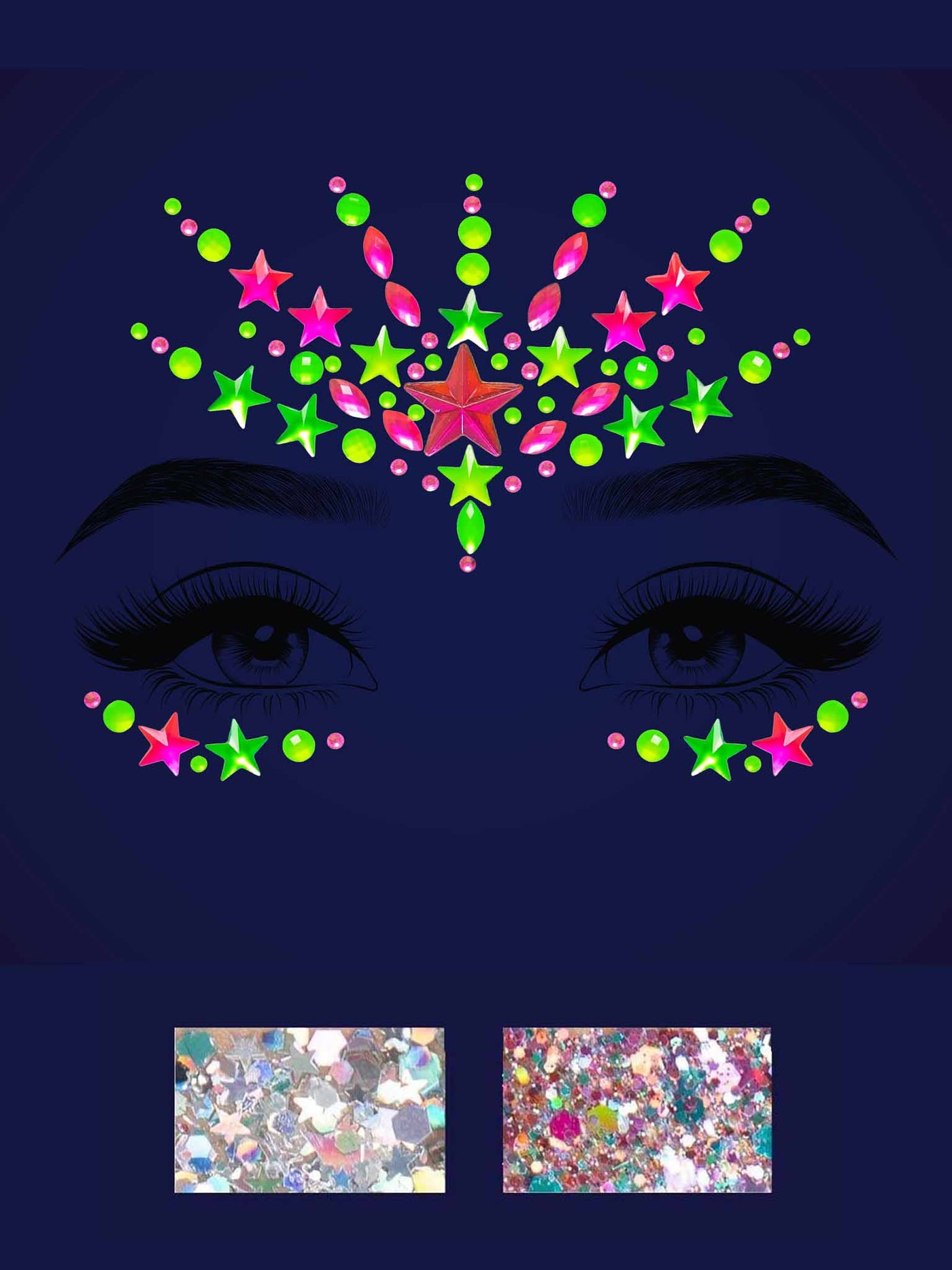 Vibe Neon Adhesive Black Light Face Jewel Sticker And 2 Of 3g Body Glitter Packets