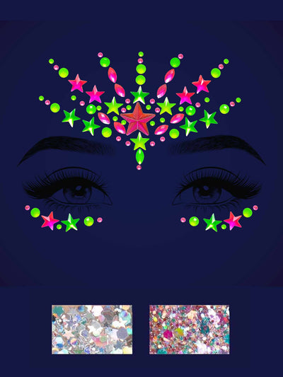 Vibe Neon Adhesive Black Light Face Jewel Sticker And 2 Of 3g Body Glitter Packets