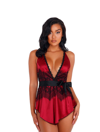 2-Piece Satin & Lace Babydoll with Tie