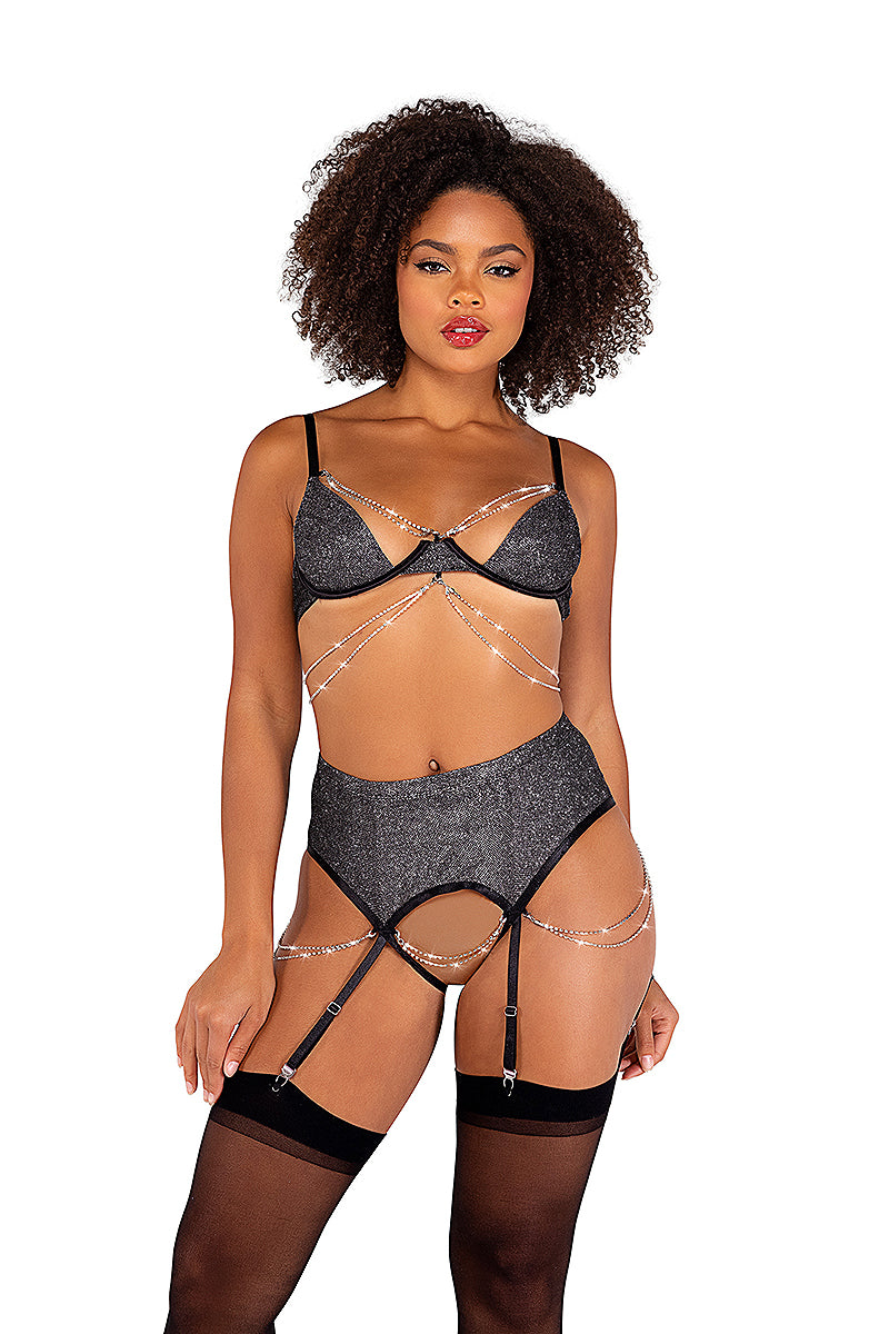 2-Piece Sparkle Diamond Crotchless Set