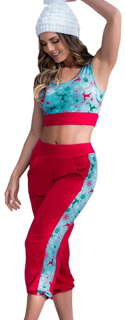Two Piece Pajama Set. Top And Pants Color Red-Mint Print
