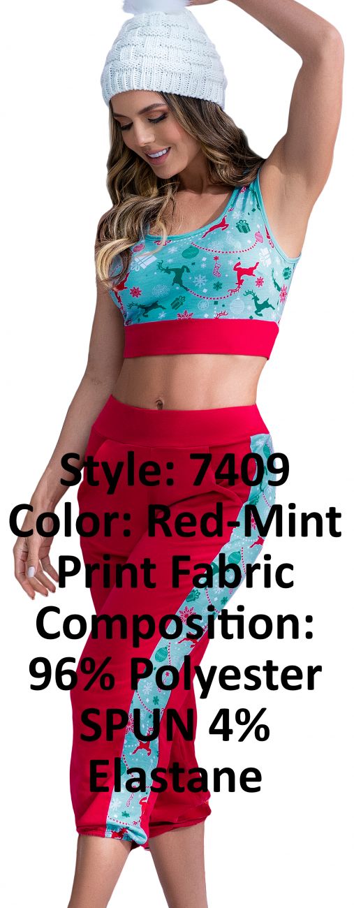 Two Piece Pajama Set. Top And Pants Color Red-Mint Print