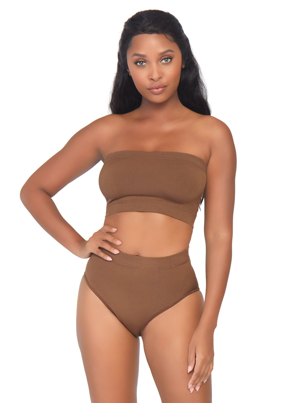 2-piece Seamless Opaque Microfiber Ribbed Bandeau Top And High Waist Brief