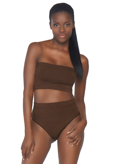 2-piece Seamless Opaque Microfiber Ribbed Bandeau Top And High Waist Brief