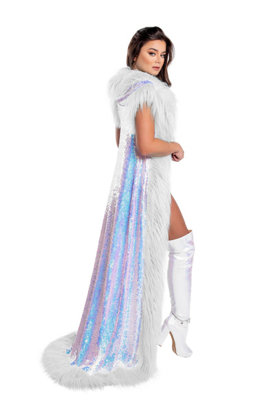 Fur Trimmed Holographic Sequin Mesh Duster